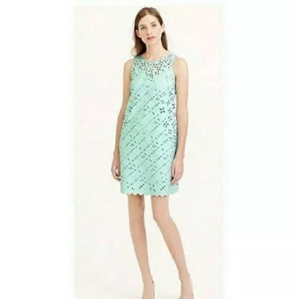 J.CREW Mint Green Aqua Blue Lasercut lace mini Shift slip floral Dress
